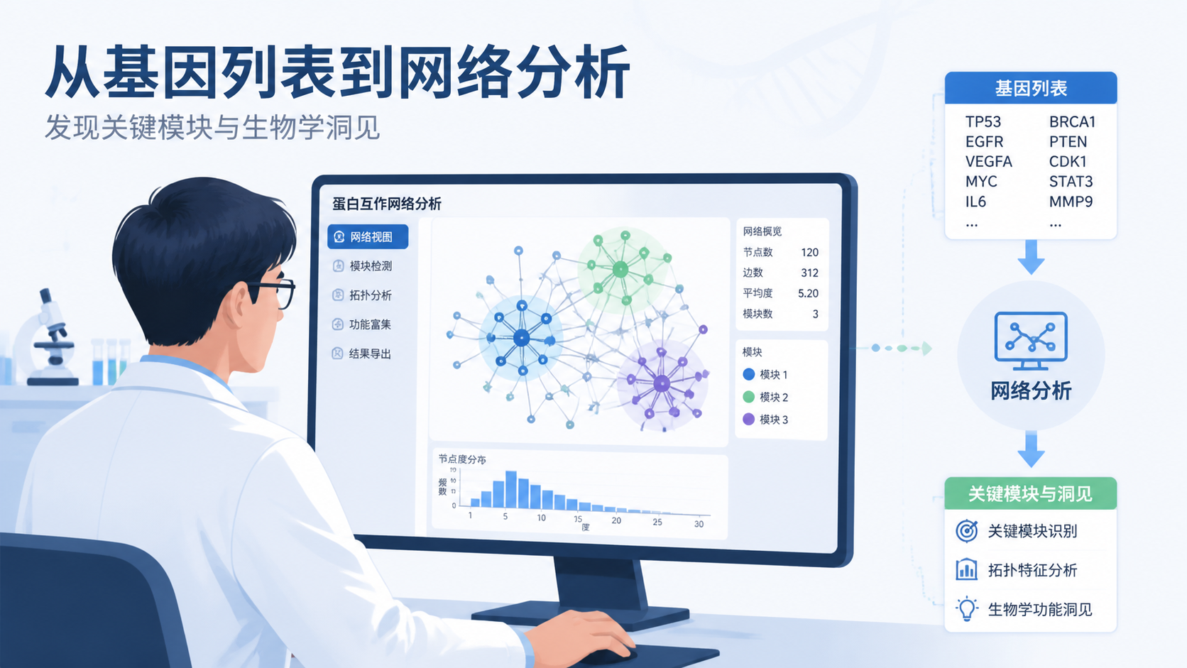 科研人员在电脑前查看蛋白互作网络图，旁边叠加基因节点和连线的可视化界面，强调从基因列表到网络分析的过程