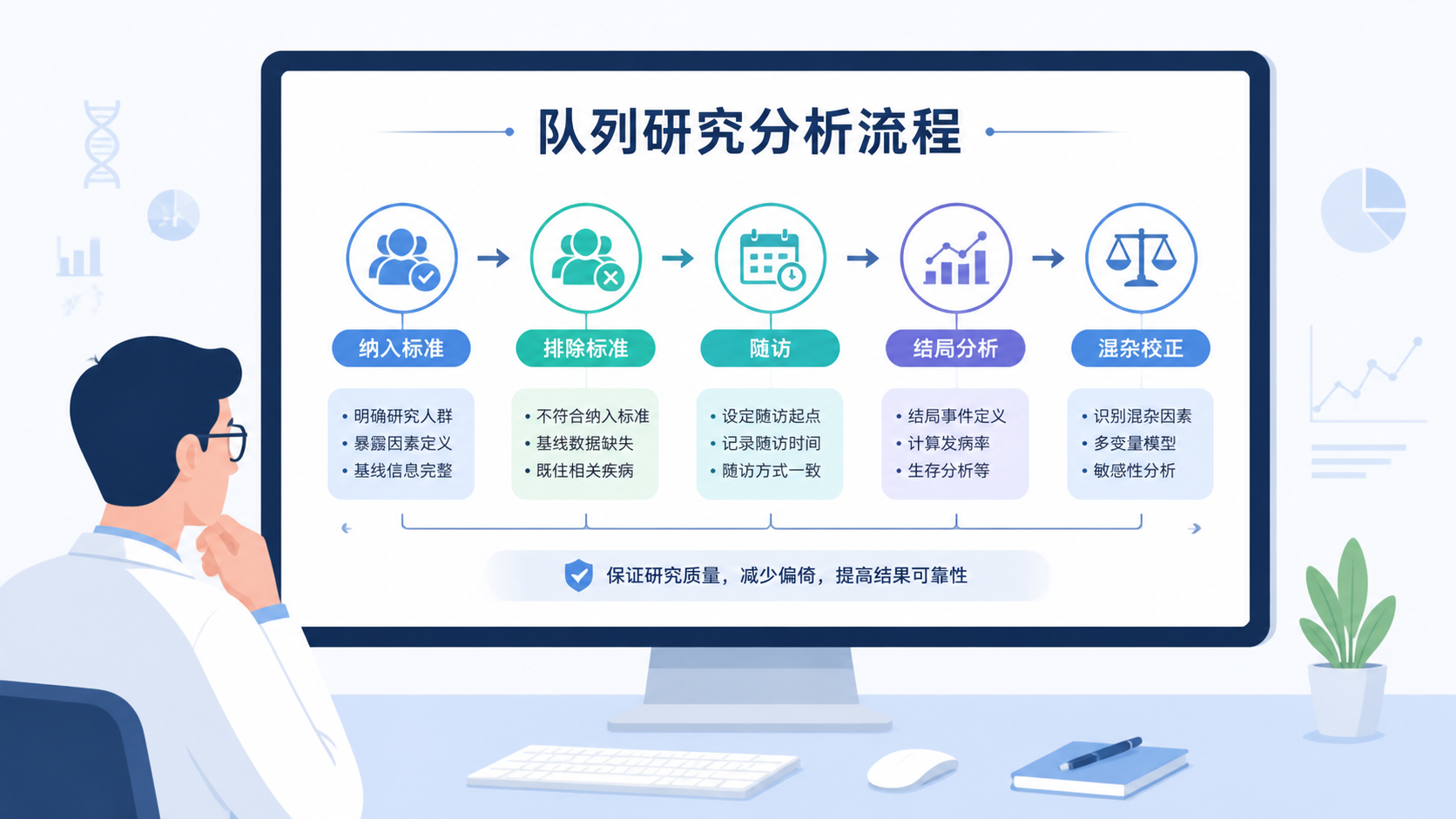 研究者查看队列研究分析流程图，屏幕上显示纳排标准、随访、结局分析和混杂校正的完整路径