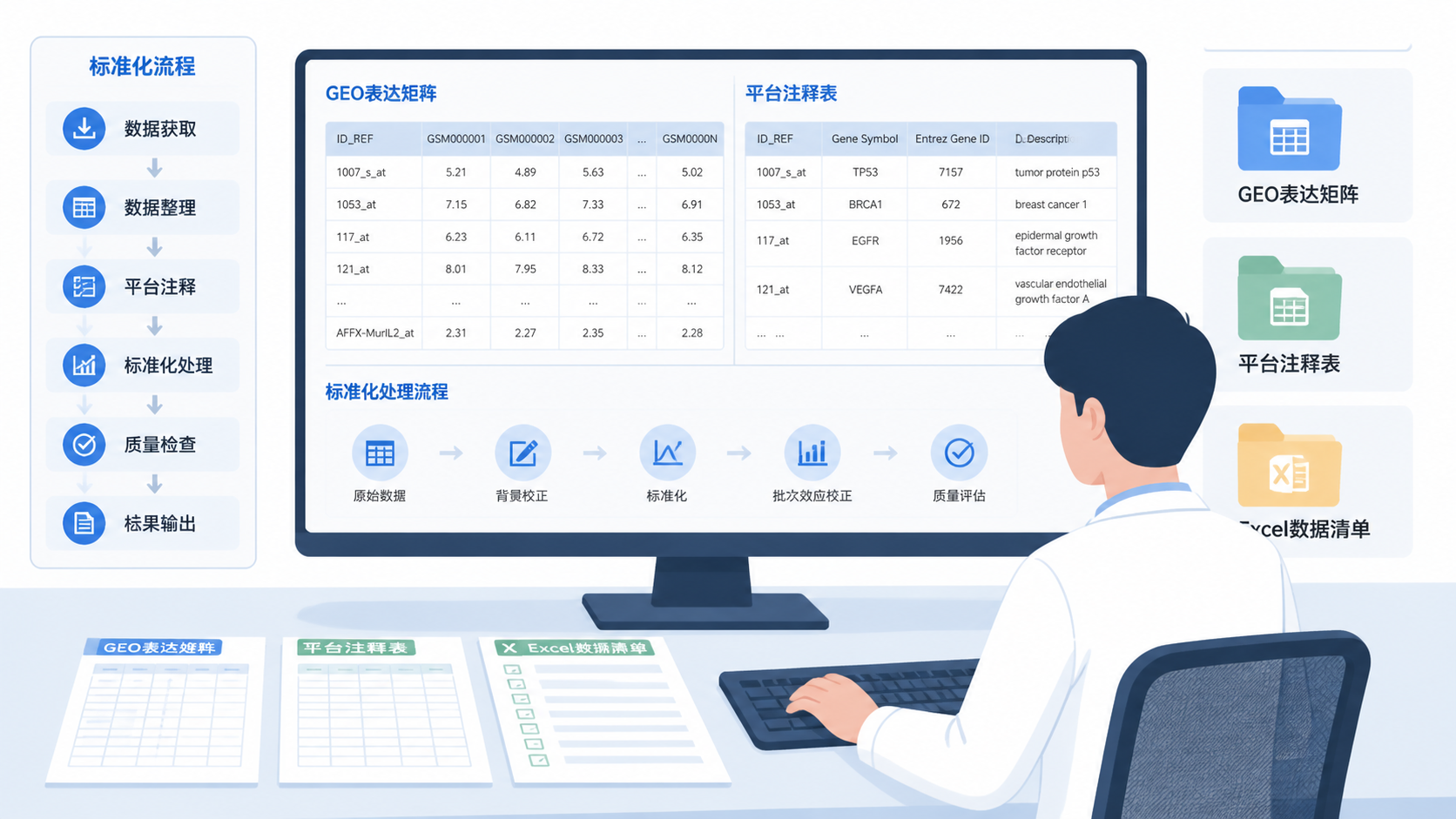 研究人员在电脑前整理GEO表达矩阵、平台注释表和Excel数据清单的工作场景，突出标准化流程和科研效率。