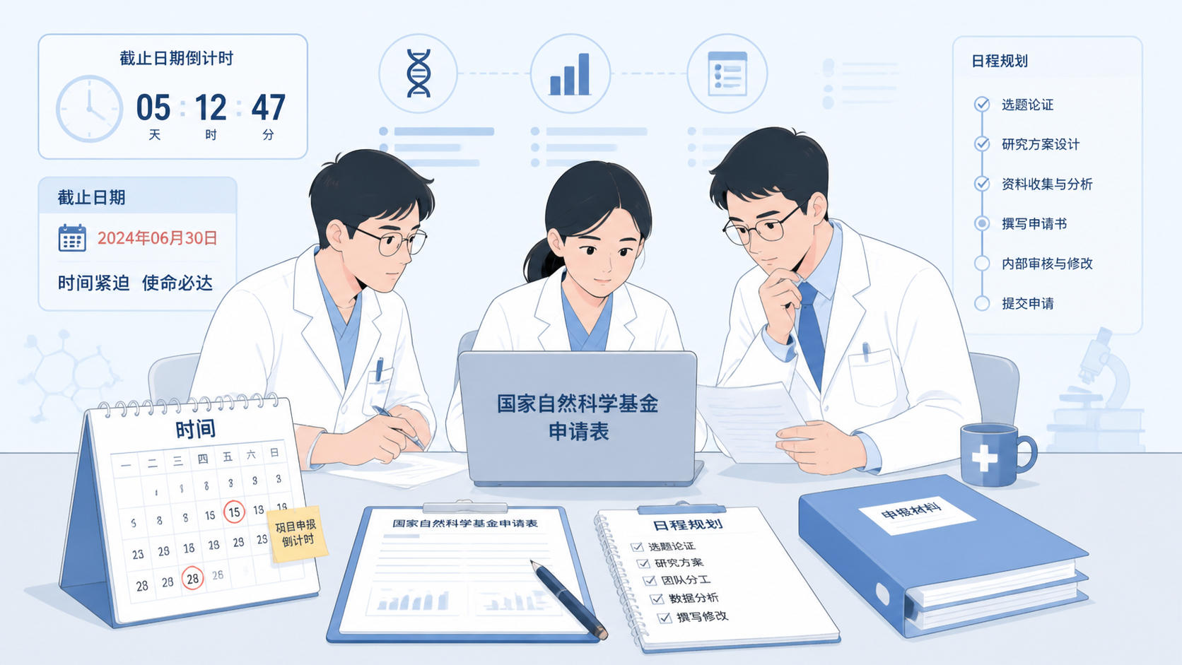 医学生、临床医生和科研人员在电脑前核对国家自然科学基金申请表，旁边有日历和项目申报表，突出“时间节点”和“资格审查”