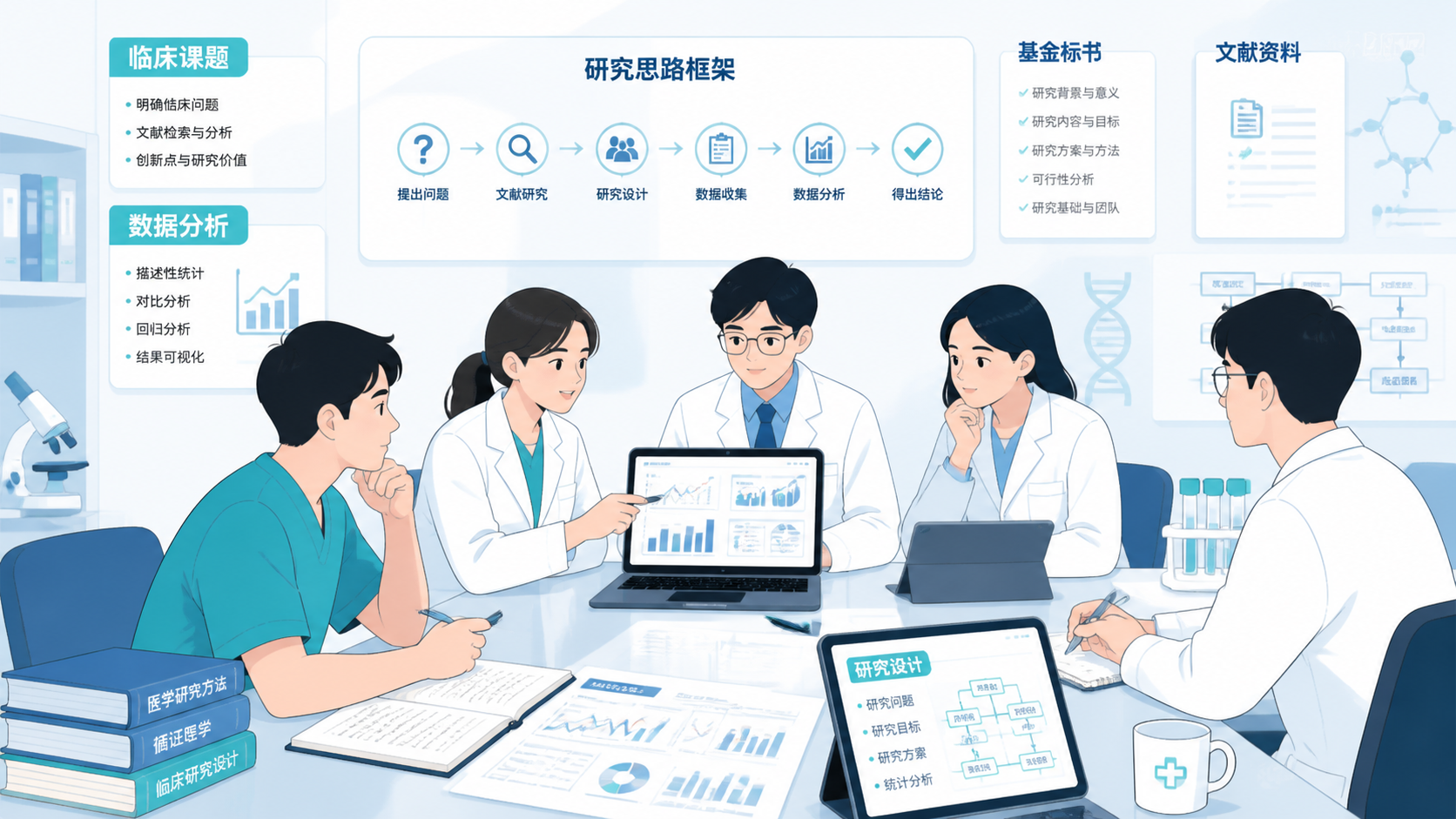 医学生、医生与科研人员围绕临床问题和实验数据讨论课题设计，背景可出现基金标书、文献和流程图。