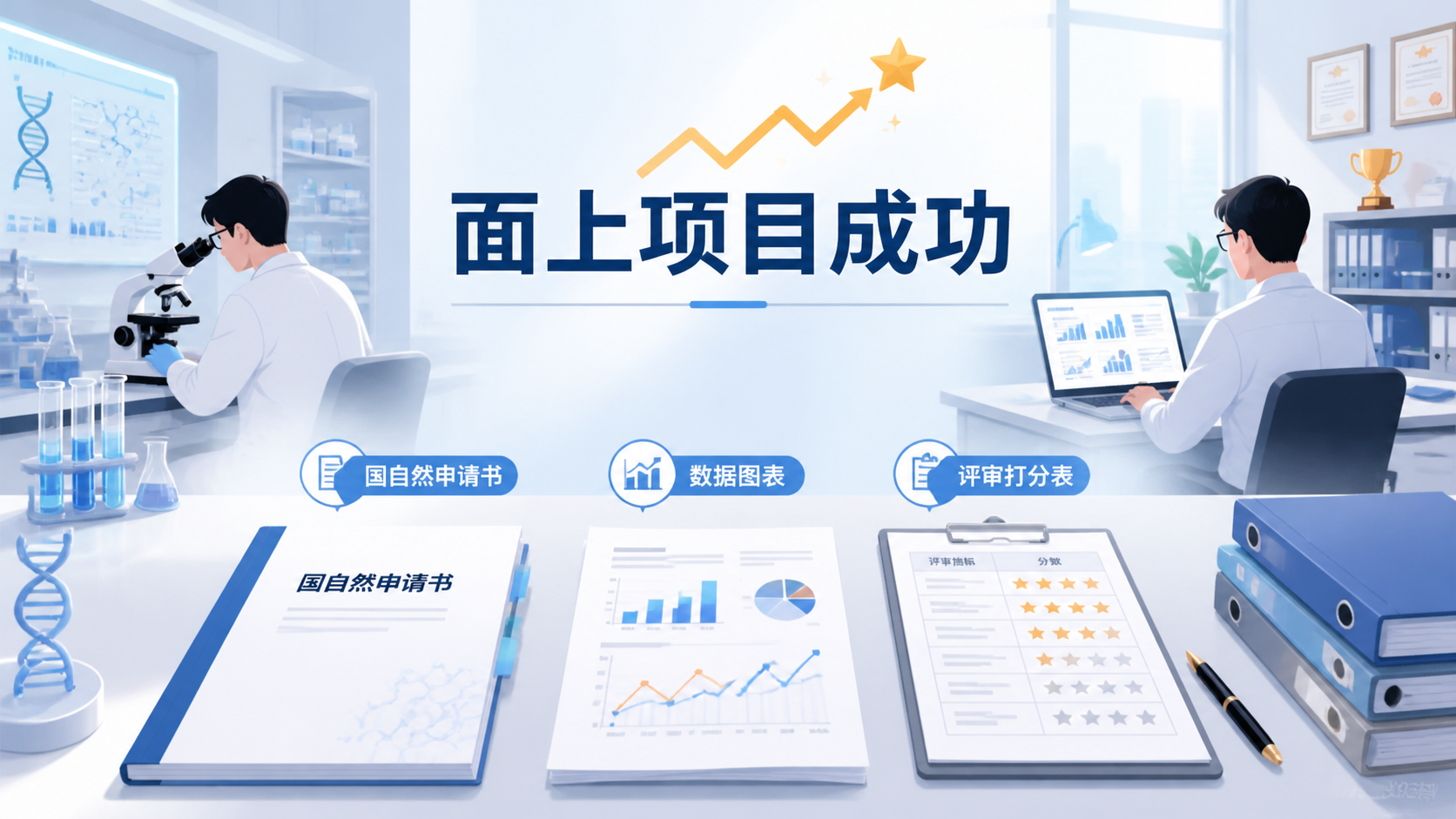 科研人员在实验室和办公室之间切换，桌面上有国自然申请书、数据图表和评审打分表，突出“面上项目成功率波动”的紧张感。