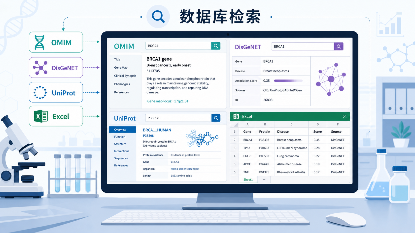 实验室电脑屏幕上同时打开OMIM、DisGeNET、UniProt和Excel表格，突出数据库检索与数据整理场景