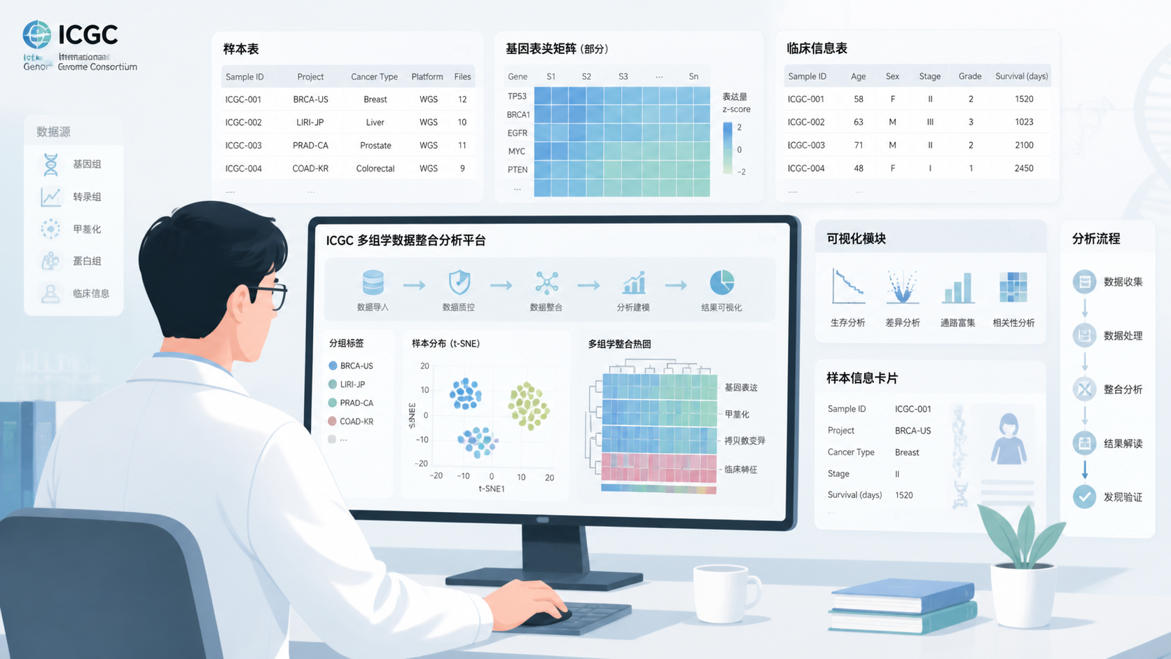 科研人员在电脑前整理多组ICGC肿瘤组学数据，旁边显示样本表、基因表达矩阵和临床信息表