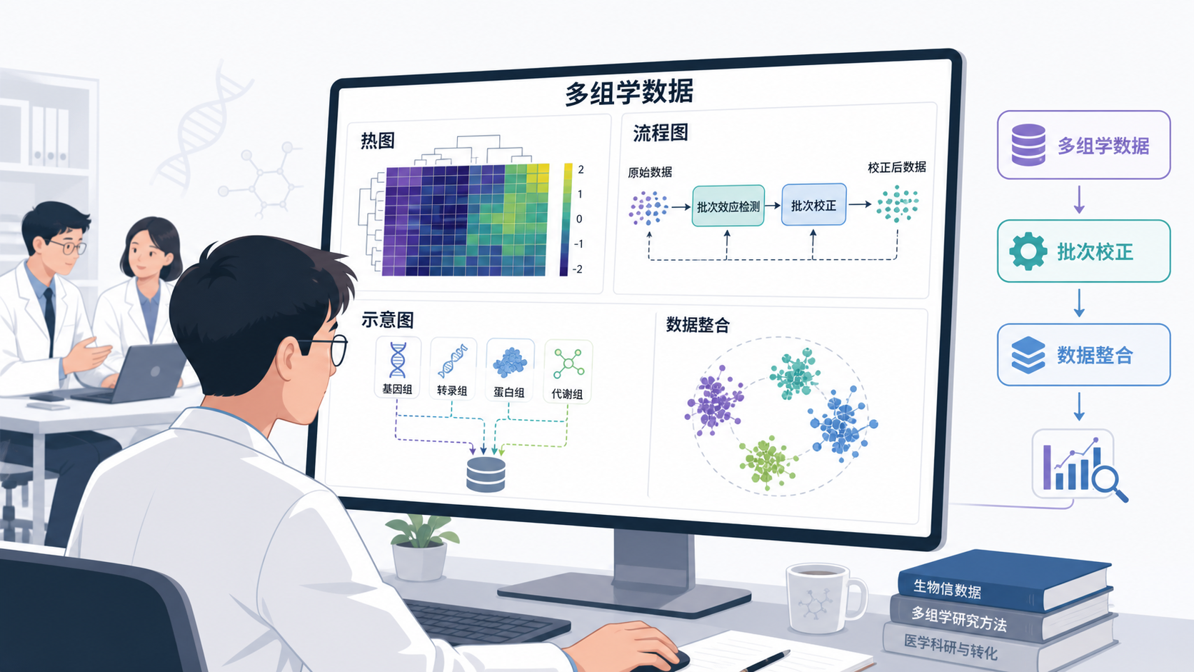 科研人员在电脑前查看多组学数据热图、批次校正流程图和数据整合示意图,画面风格专业简洁。