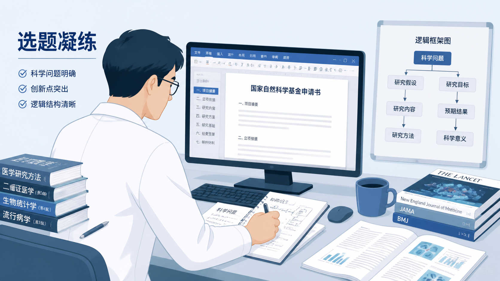 医学生、医生或科研人员在电脑前修改国自然申请书，旁边有高水平文献、逻辑框架图和“选题凝练”字样，传达专业打磨与最终成稿的场景。