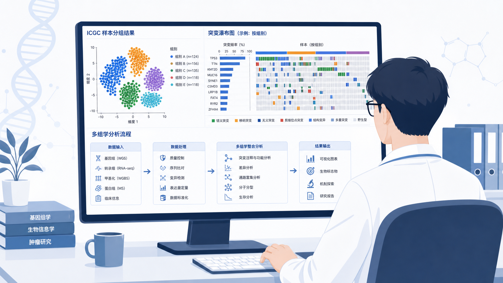 研究人员在电脑前查看ICGC样本分组结果、突变瀑布图和多组学分析流程图，画面专业简洁