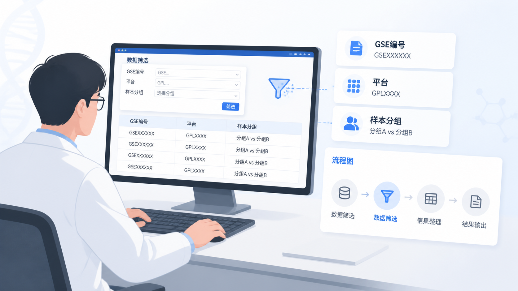 科研人员在电脑前整理GEO数据集信息表，旁边展示GSE编号、平台、样本分组和流程图，突出数据筛选与整理过程。