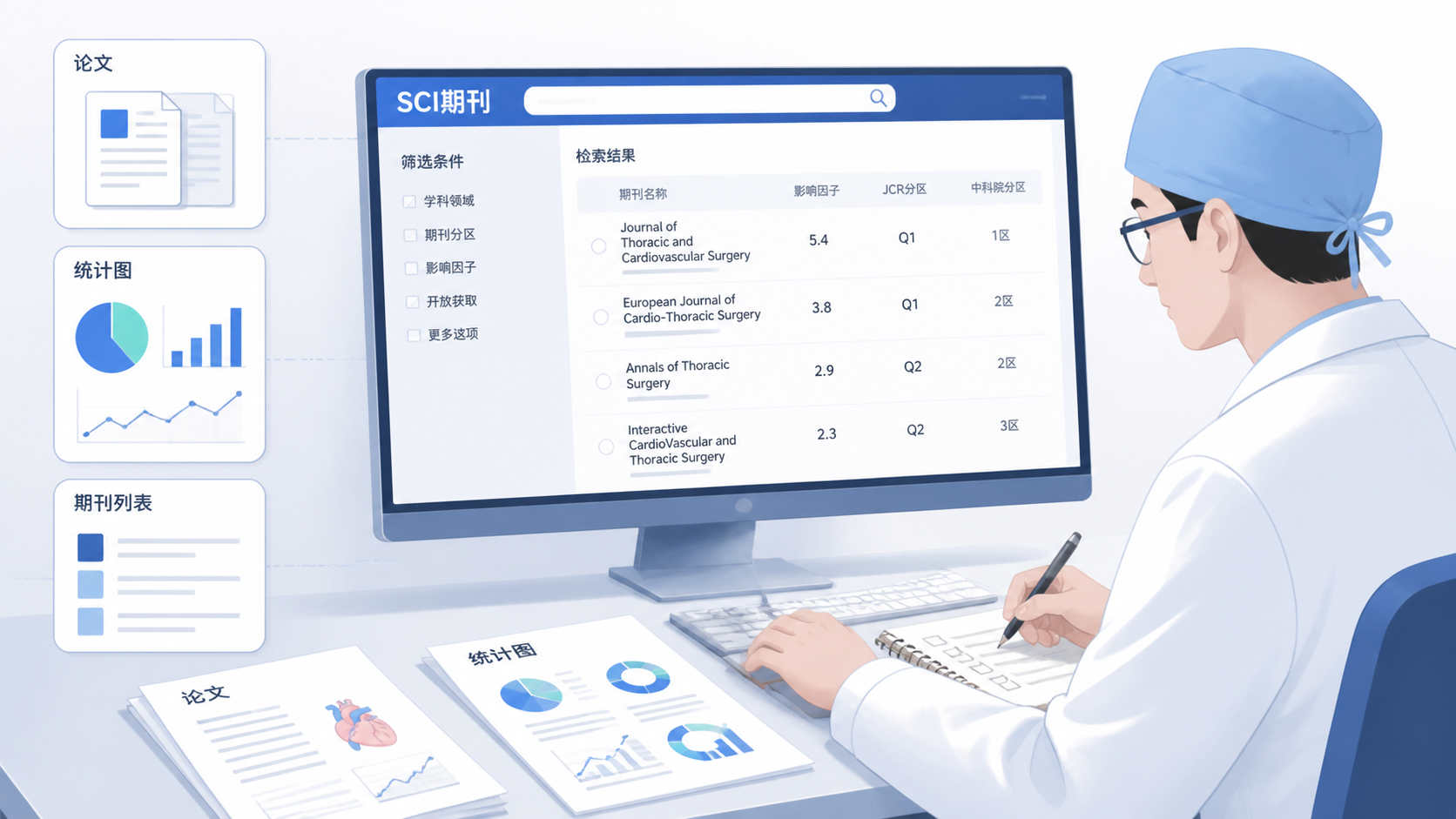 心外科医生在电脑前筛选SCI期刊,旁边有论文、统计图和期刊列表的专业场景图