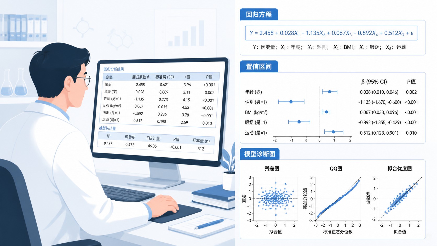 科研人员在电脑前查看回归分析结果表，旁边展示回归方程、置信区间和模型诊断图