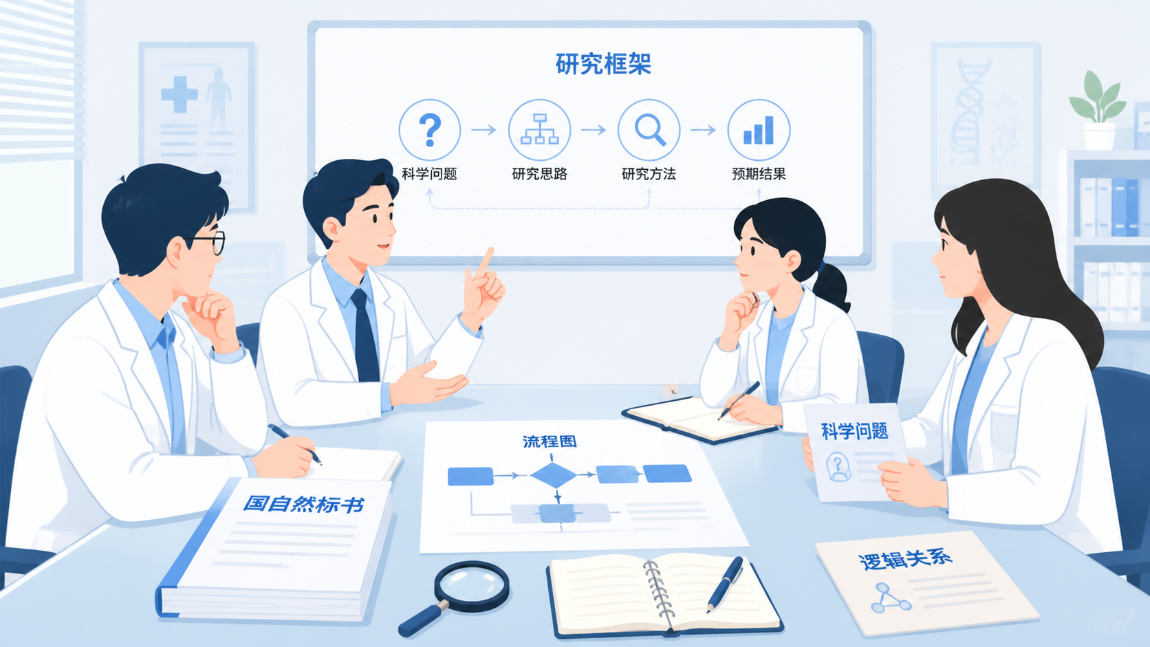 医学生和科研人员在会议桌前讨论课题框架，旁边有国自然标书、流程图和放大镜，体现科学问题凝练与逻辑聚焦。