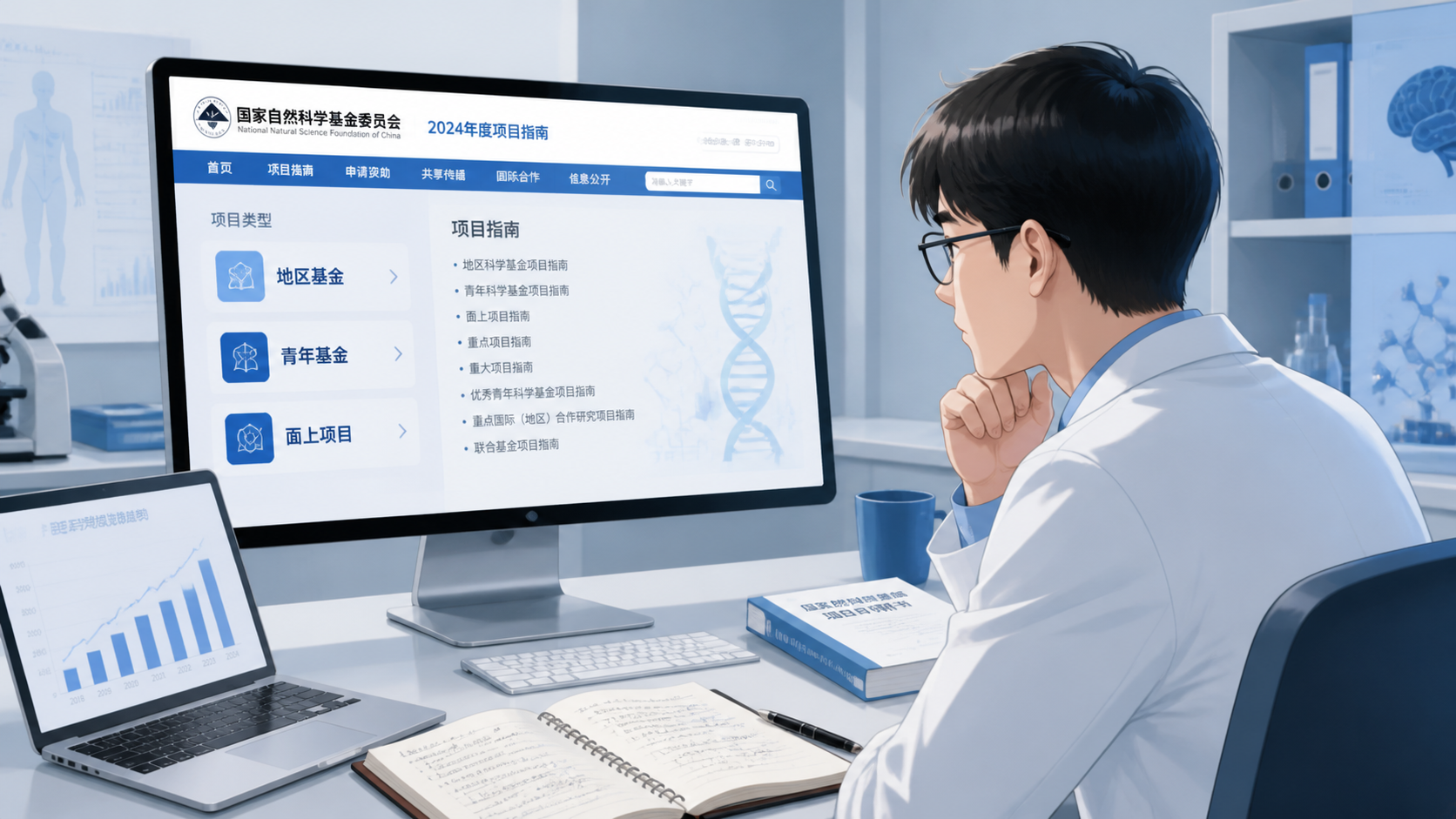 一位医学科研人员在电脑前查看国家自然科学基金指南，屏幕上显示“地区基金、青年基金、面上项目”等分类图表，突出申请人正在比对适用范围。