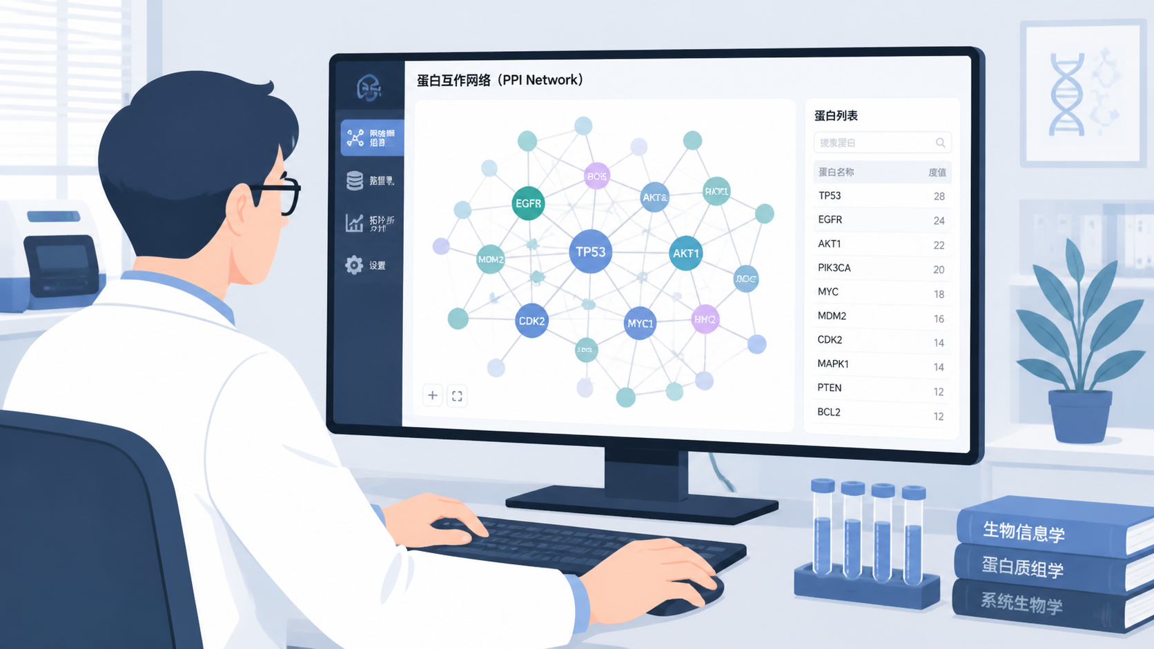 科研人员在电脑前分析蛋白互作网络图，界面中显示多个节点和连线，旁边有蛋白名称列表。
