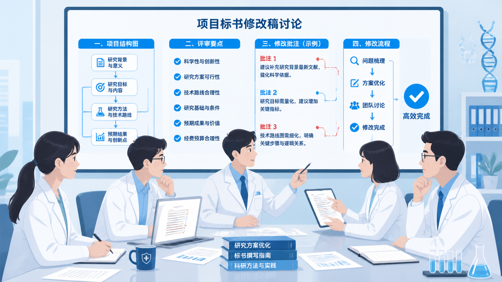 科研团队围坐讨论标书修改稿，屏幕上显示项目结构图、评审要点和修改批注，画面强调专业协作与高效完成。