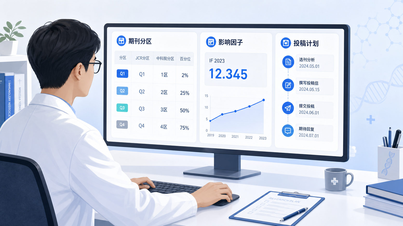 学术研究者在电脑前查看期刊分区表、影响因子和投稿计划，画面风格专业简洁。
