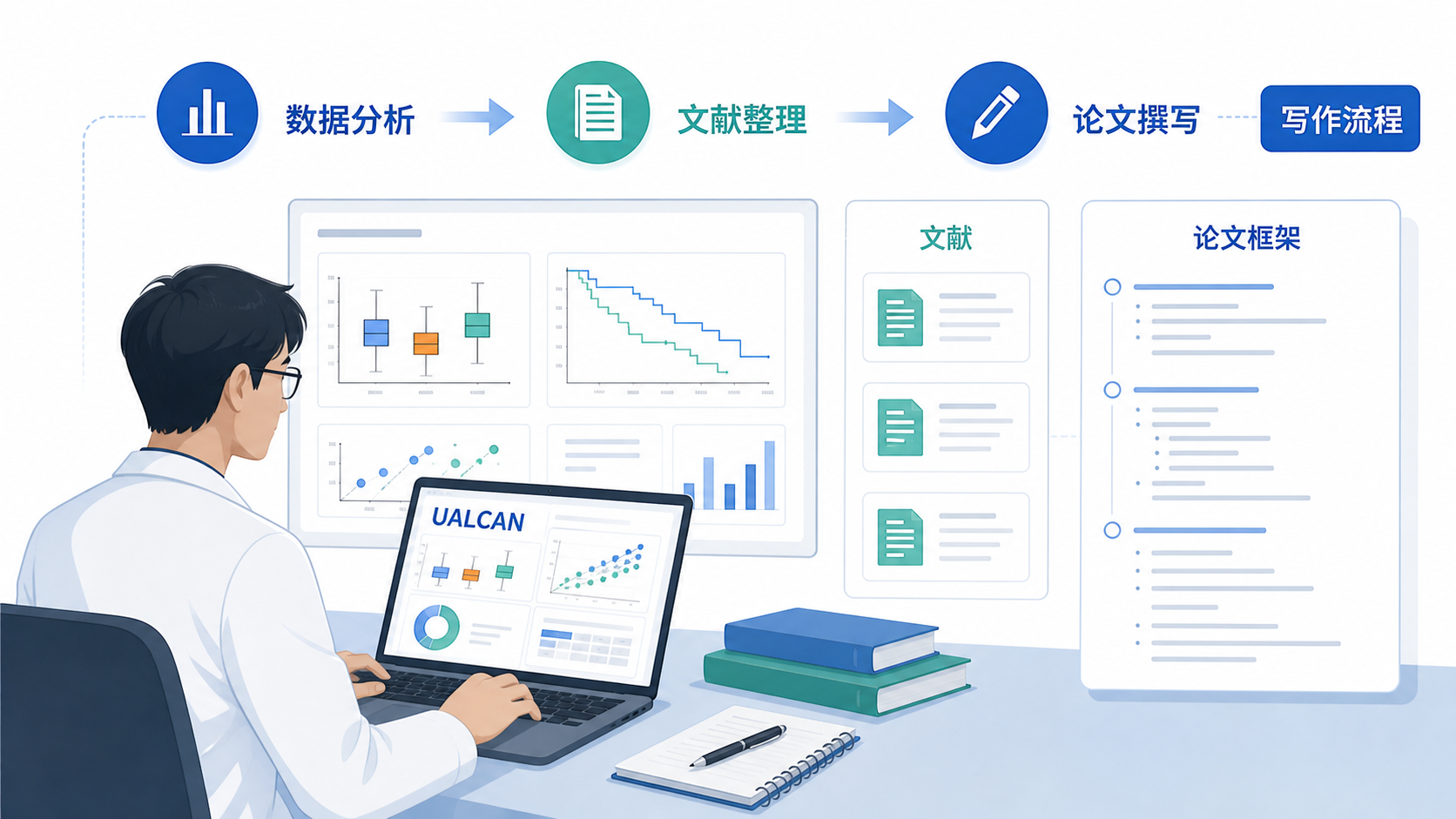 科研人员在电脑前整合UALCAN图表、文献和论文框架的场景，突出从数据分析到课题写作的完整流程。