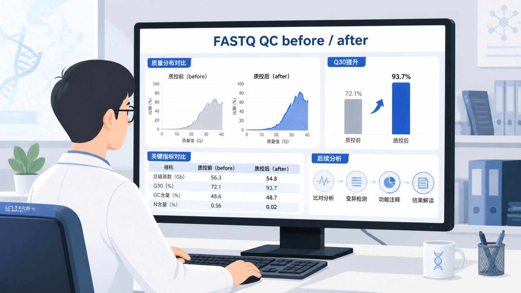 科研人员在电脑前对比FASTQ质控前后数据报告，屏幕上显示clean data、Q30提升和后续分析流程图
