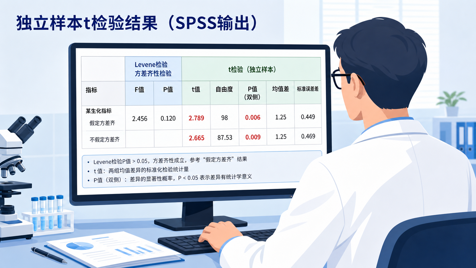 医学科研人员在电脑前查看SPSS输出表，重点突出Levene检验、t值和P值，体现统计分析场景。