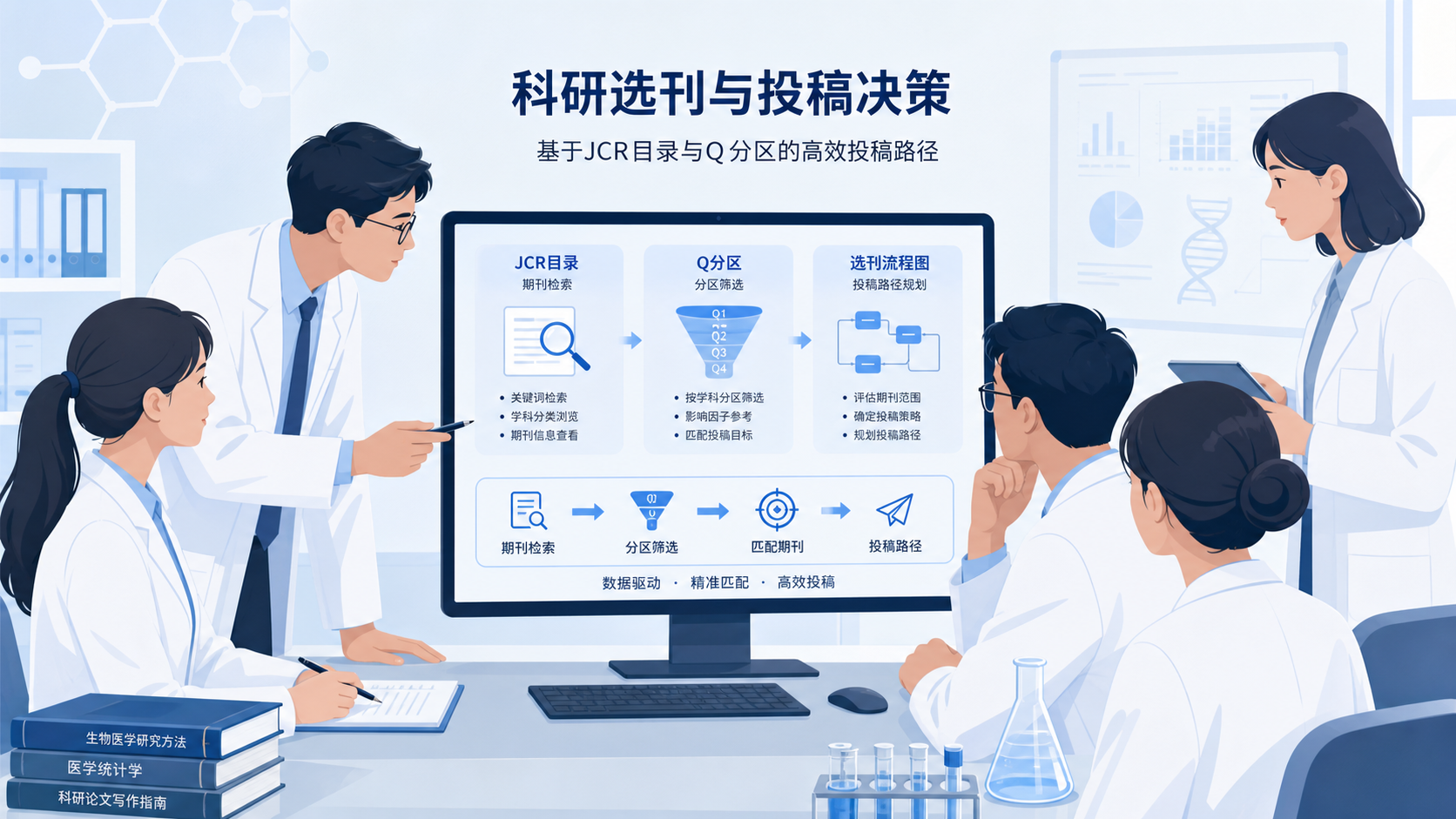 科研团队围绕电脑讨论期刊分区与投稿方案，屏幕上展示JCR目录、Q分区和选刊流程图