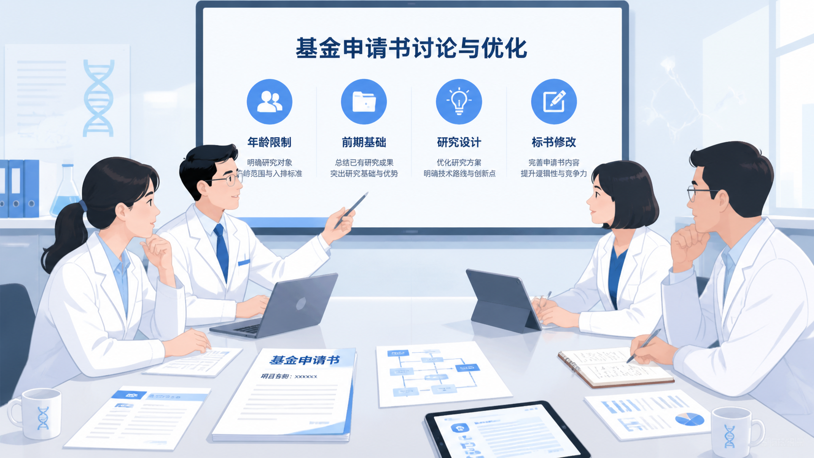 科研团队围绕基金申请书讨论，屏幕上展示“年龄限制、前期基础、研究设计、标书修改”等关键词，整体风格专业、清晰。