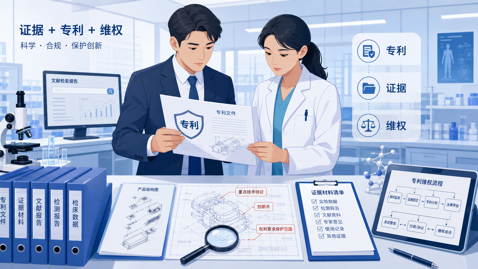 医护科研场景中，一名律师与医生在查看专利文件、检索报告和产品结构图，突出“证据+专利+维权”主题
