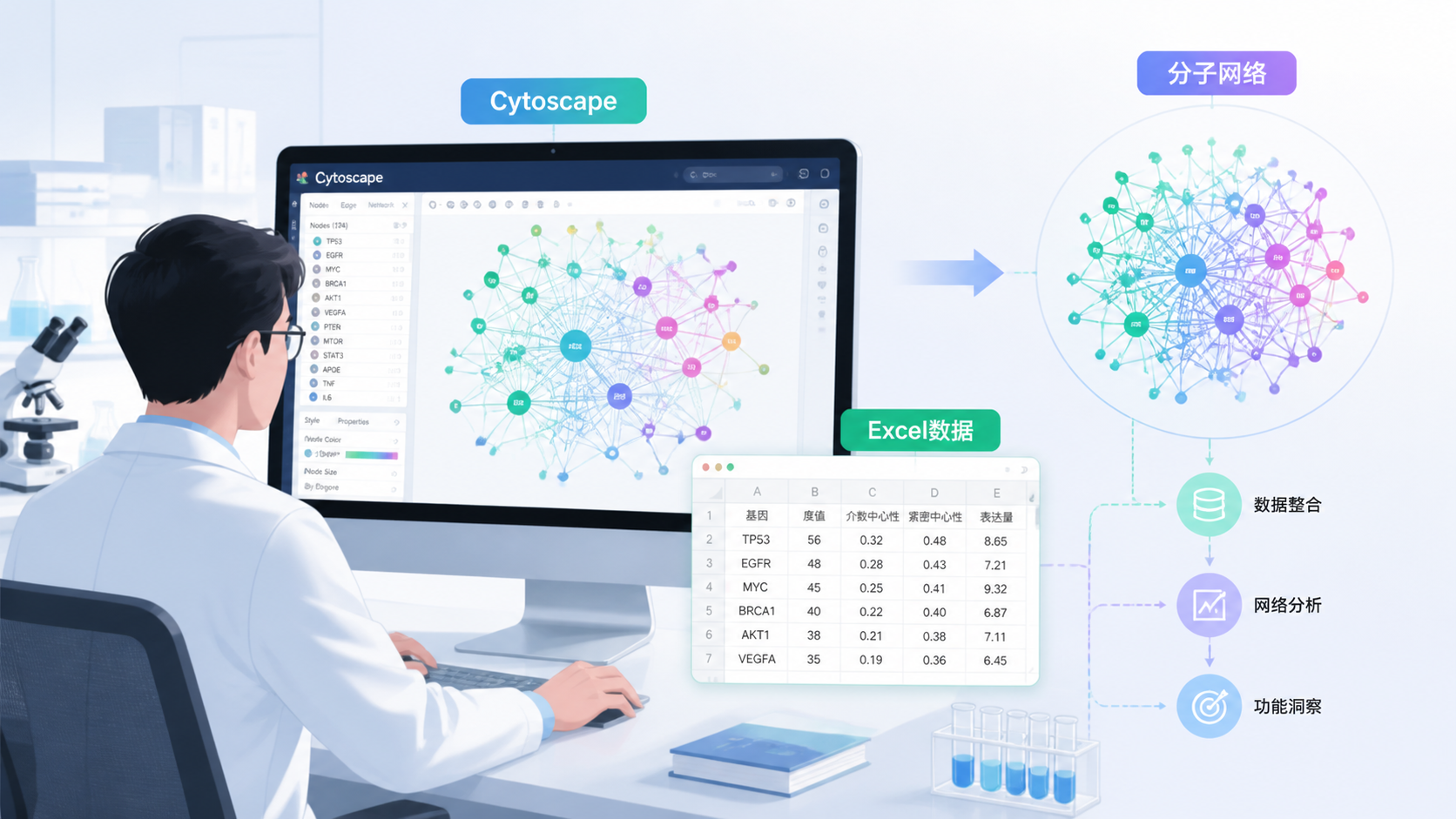一张科研人员在电脑前查看Cytoscape网络图的场景,旁边展示Excel数据表与彩色分子网络示意图。