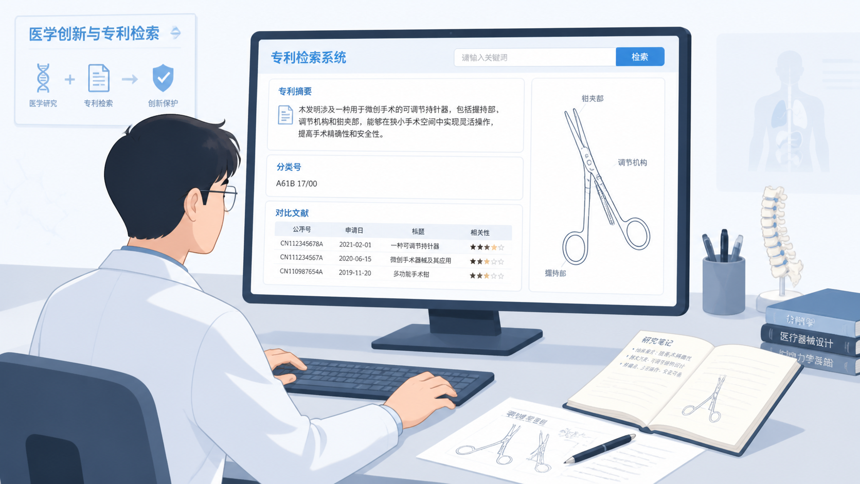 医学生在电脑前检索专利数据库，屏幕上显示专利摘要、分类号和对比文献，旁边有笔记本和医学器械草图。