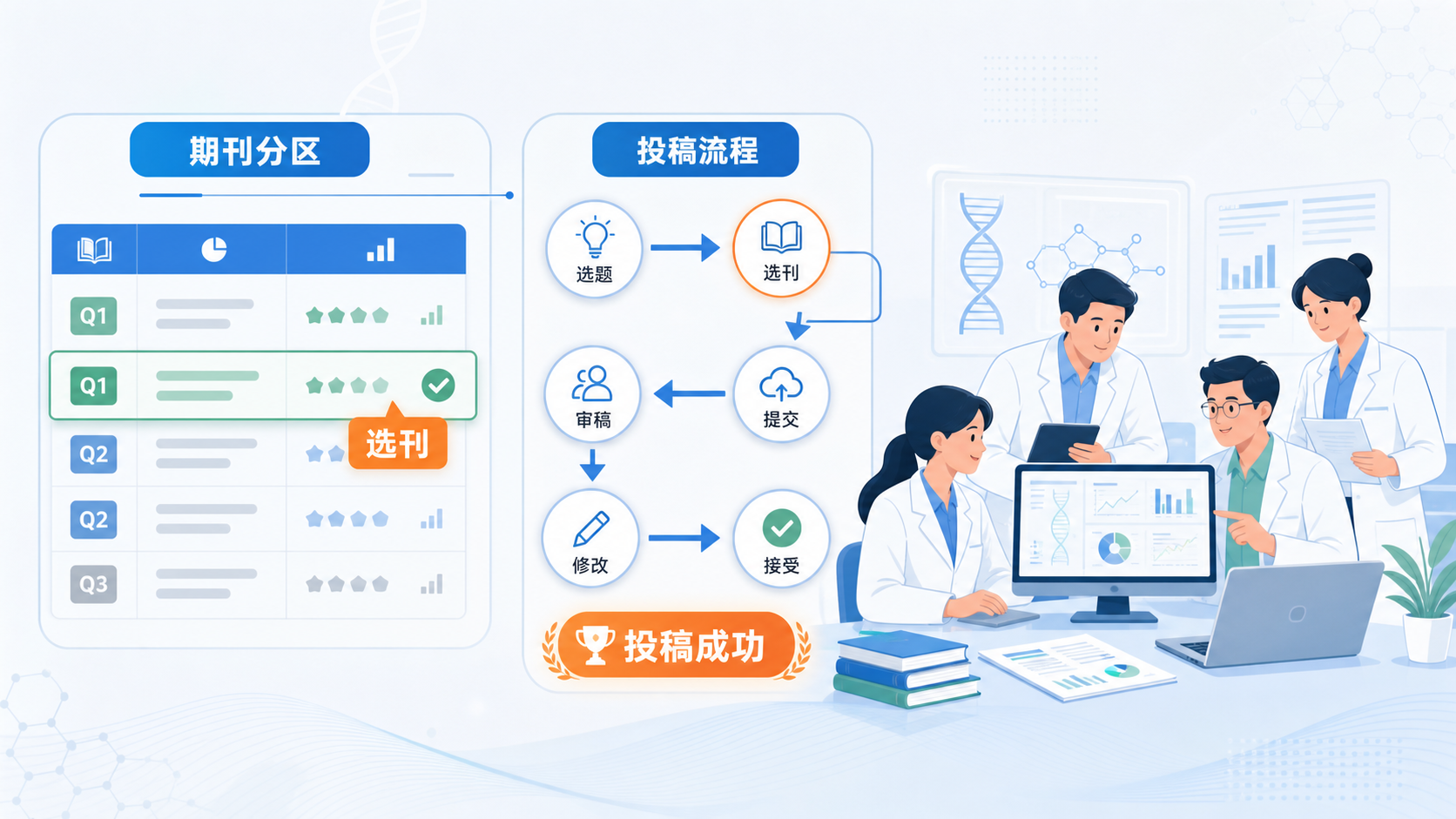 期刊分区表、投稿流程图和科研人员团队协作场景,突出“选刊、分区、投稿成功”主题
