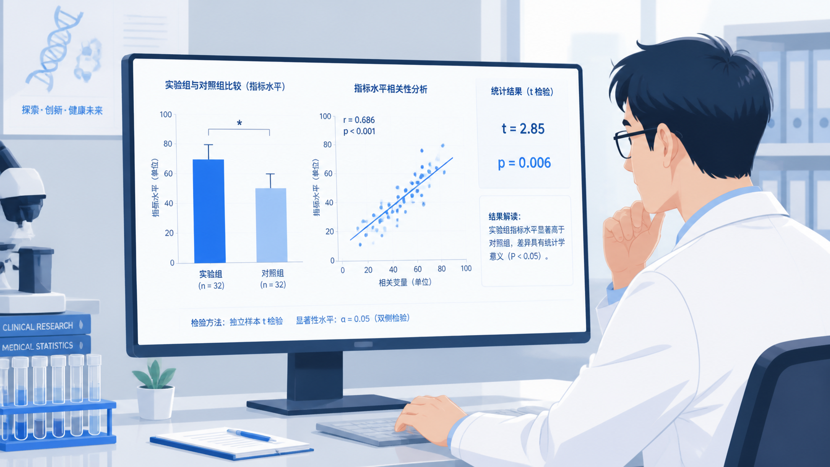医学科研人员在电脑前查看柱状图和散点图，旁边显示t检验和p值结果的界面