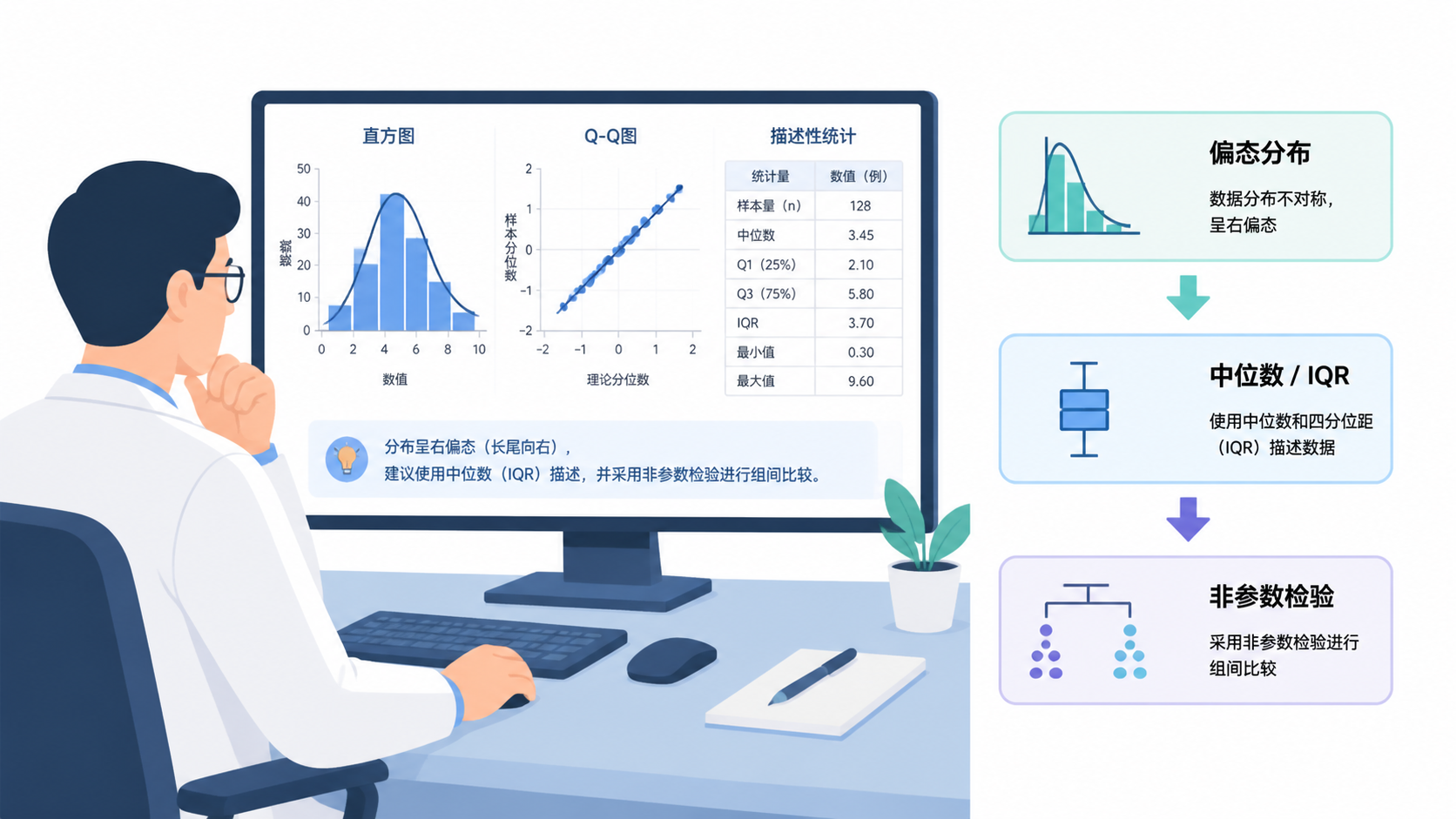 研究者在电脑前查看直方图、Q-Q图和统计表格，旁边展示“偏态分布→中位数/IQR→非参数检验”的流程示意图。