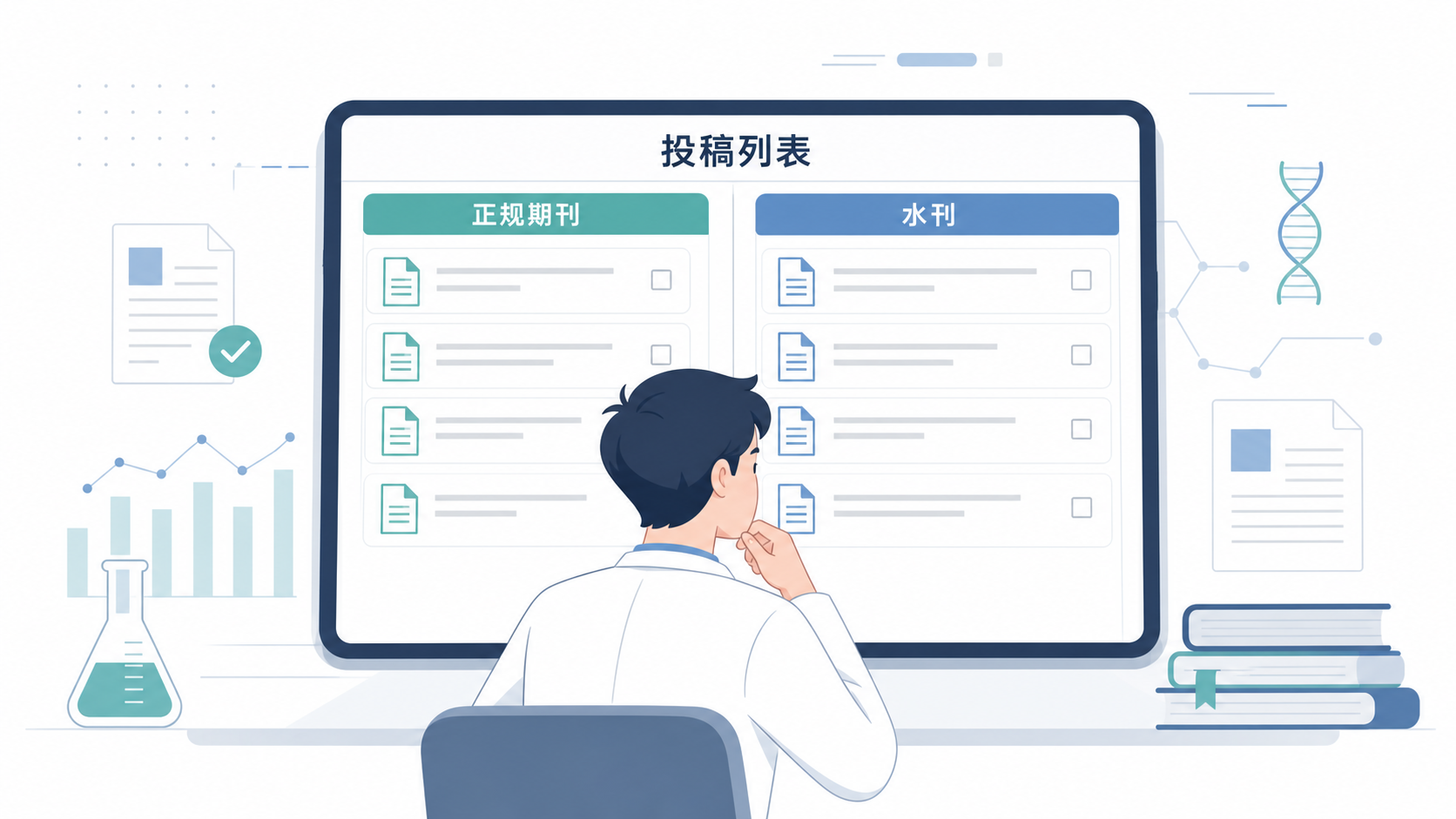 一位医学生盯着投稿列表，旁边分成“正规期刊”和“水刊”两栏，表现出纠结与选择困难。