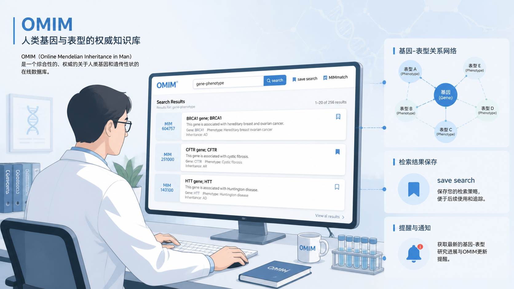 科研人员在电脑前使用OMIM数据库检索，旁边展示基因-表型关系、保存检索和MIMmatch提醒的流程图