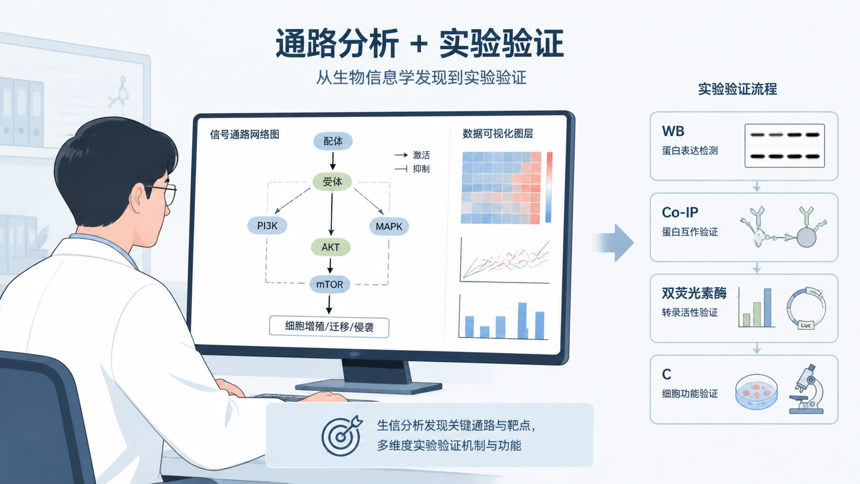 科研人员在电脑前分析信号通路网络图，旁边展示实验验证流程框架，如WB、Co-IP、双荧光素酶和ChIP，突出从图到实验的转化