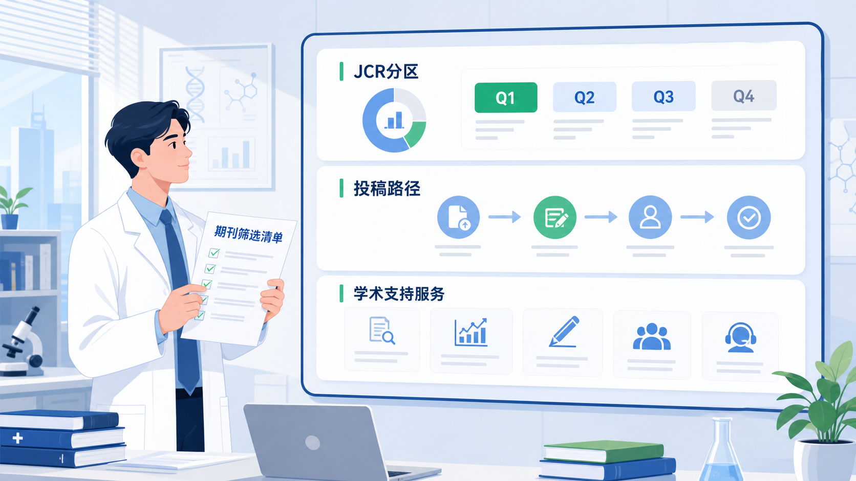 科研人员拿着期刊筛选清单,屏幕上显示JCR分区查询结果、投稿路径和学术支持服务的专业场景图
