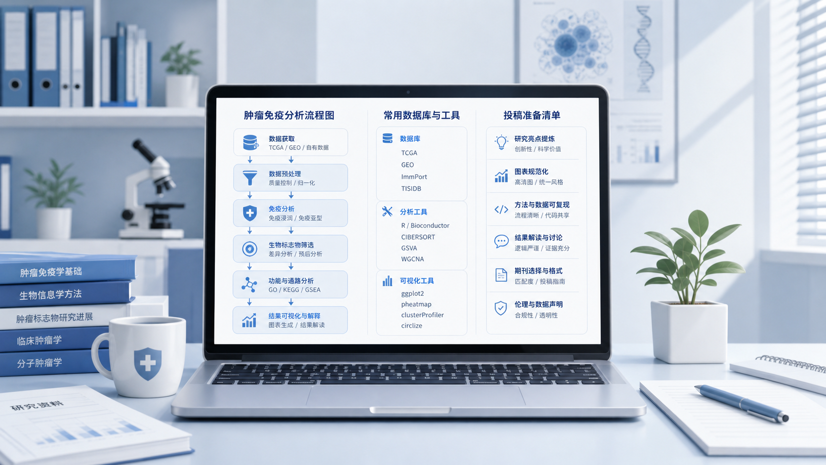 整洁的论文写作场景，屏幕上显示肿瘤免疫分析流程图、数据库工具列表和投稿准备清单，风格专业简洁