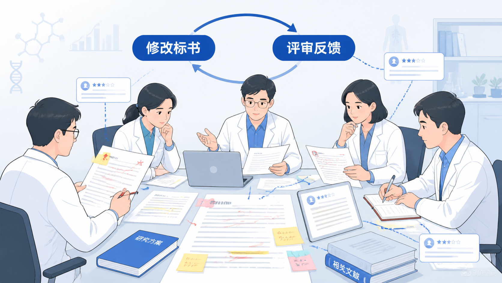 医学院科研人员在讨论基金标书，桌面上有申请书、文献和笔记本电脑，画面突出“修改标书”和“评审反馈”场景