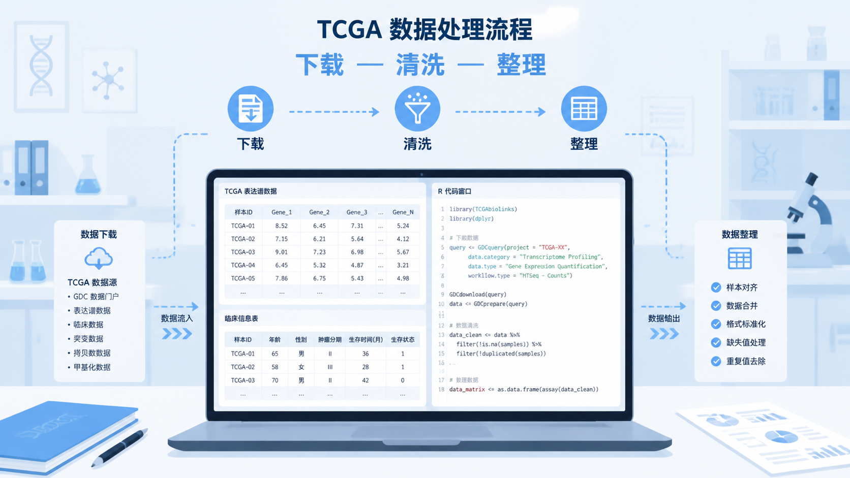 一张科研工作台配图，包含笔记本电脑上的TCGA数据表、R代码窗口和临床信息表，强调从下载到清洗再到分析的规范流程