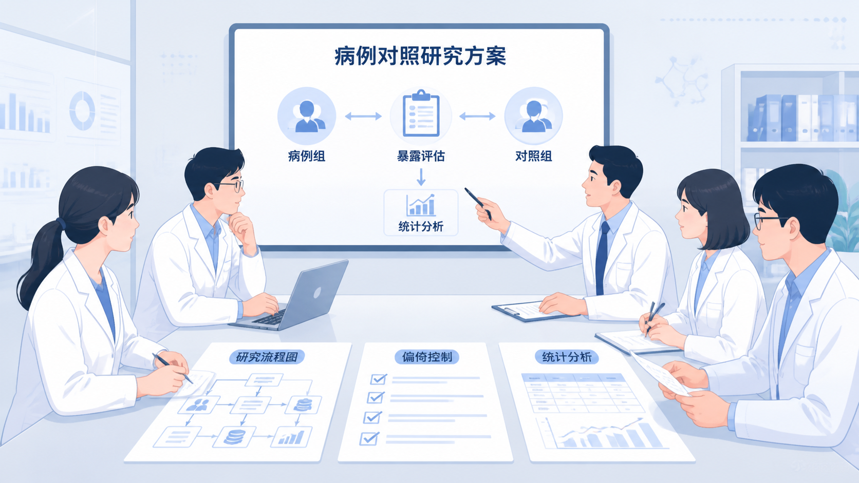 科研团队在会议室审核病例对照研究方案，桌面上有研究流程图、偏倚控制清单和统计分析表，体现规范设计与品牌支持