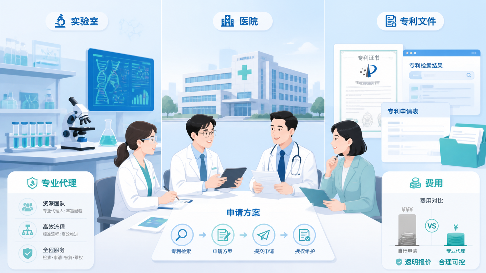 实验室、医院和专利文件并列展示，医生与科研人员在讨论专利检索和申请方案，突出“专业代理”和“费用可控”