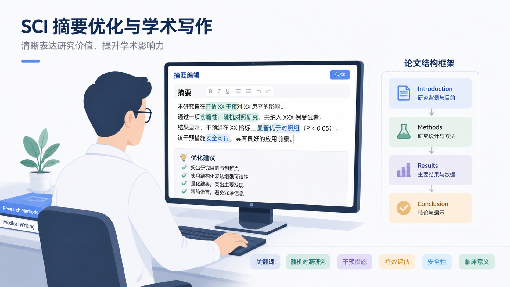一位科研人员在电脑前修改SCI摘要，旁边有论文结构框架图和高亮标注的关键词。