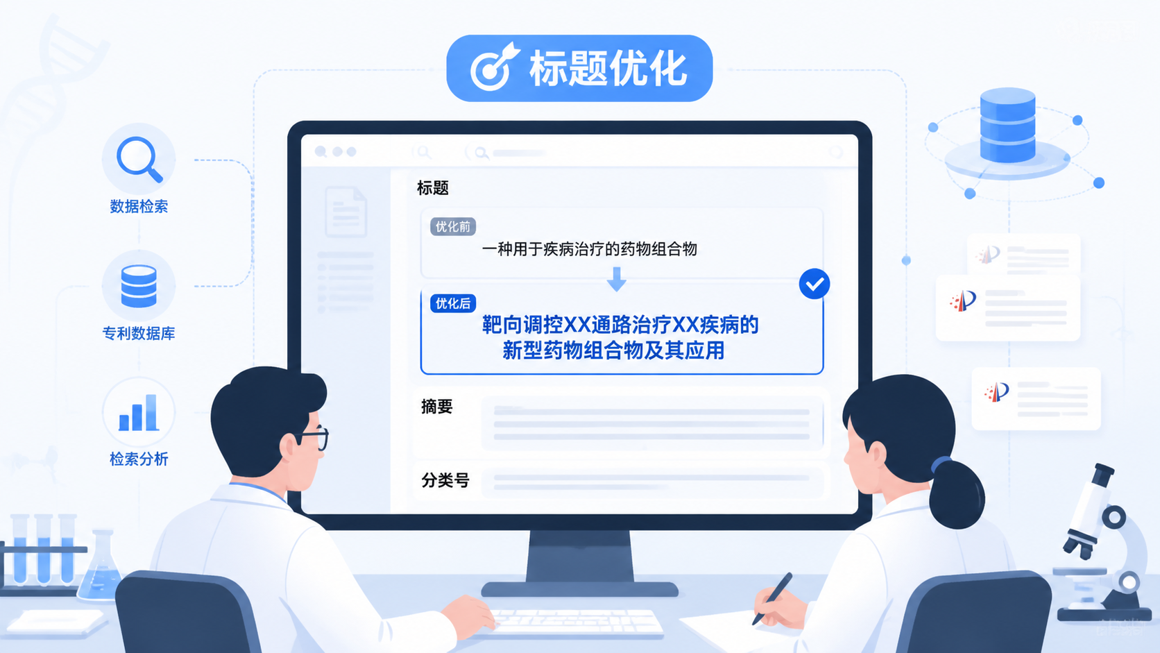 医生、科研人员在电脑前检索专利数据库，屏幕上显示专利标题、摘要和分类号，突出“标题优化”的场景