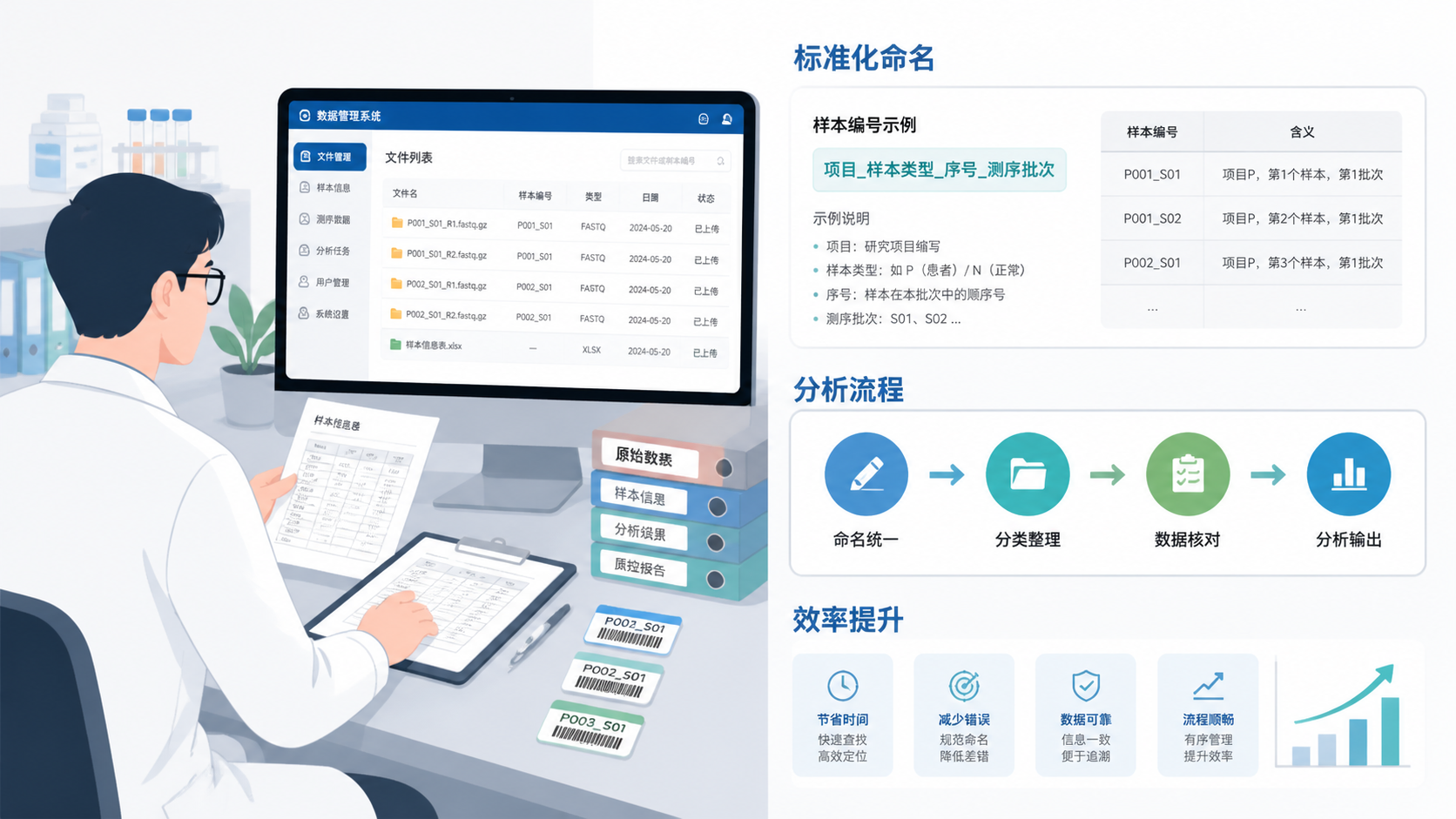 科研人员整理测序文件与数据表的场景，旁边展示标准化命名示例和分析流程图，强调规范化带来的效率提升