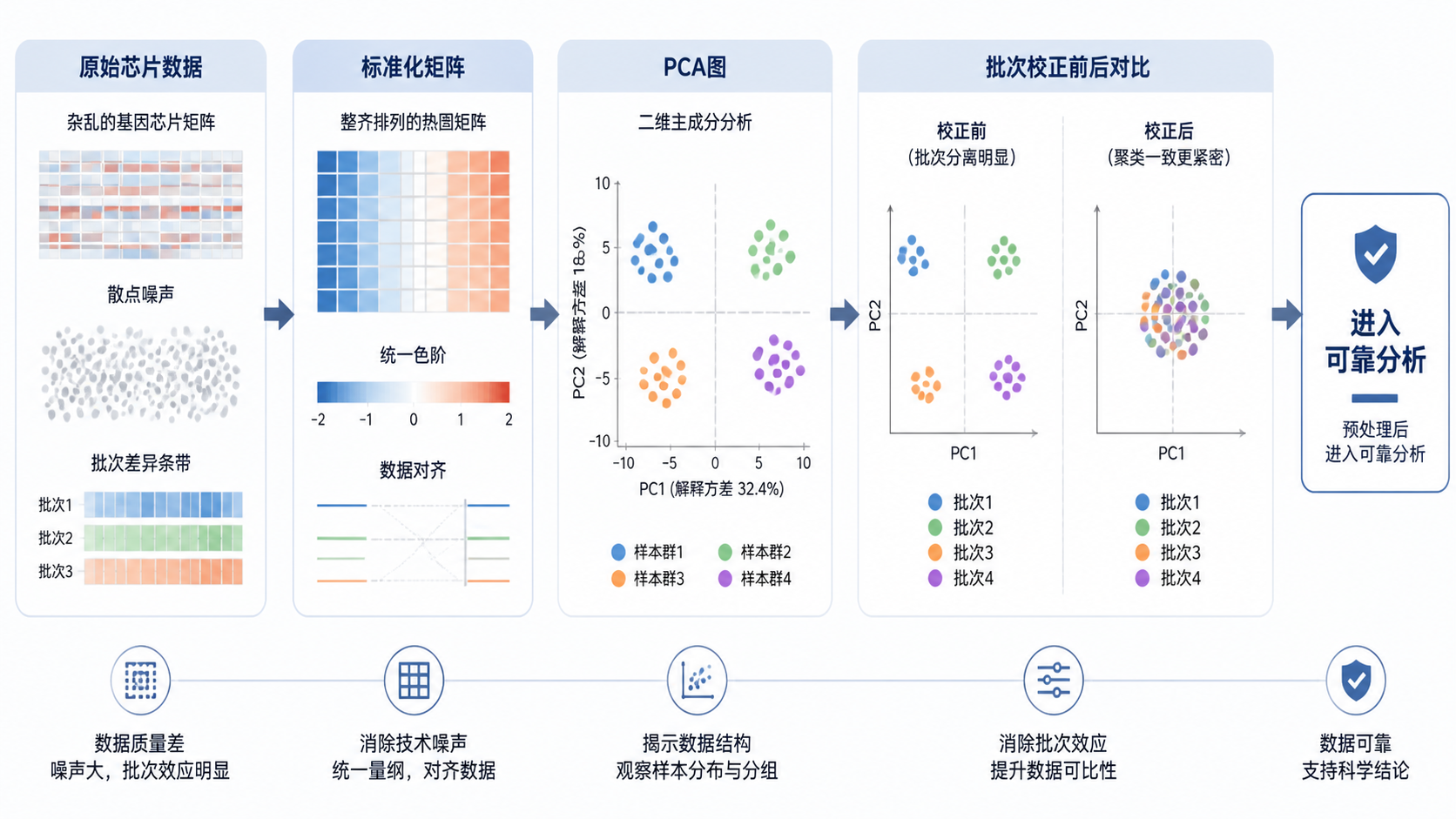 一张从原始芯片数据到标准化矩阵、PCA图、批次校正前后对比的流程图，强调“预处理后进入可靠分析”的结果导向。
