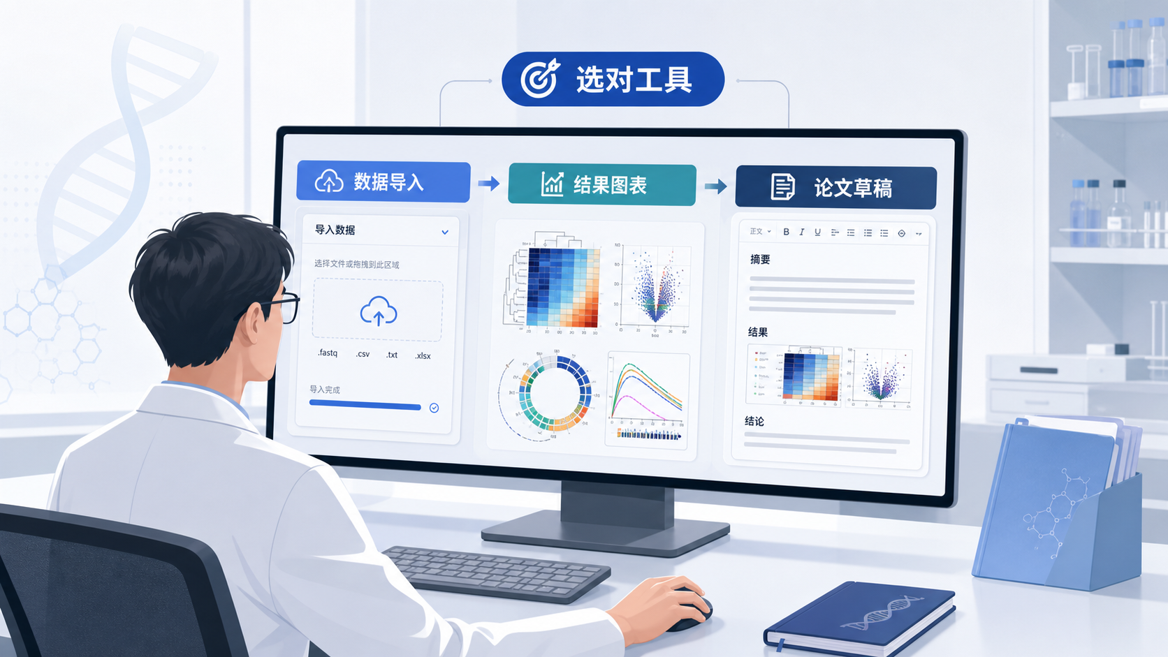 科研人员在桌面电脑上完成生信分析流程，屏幕上依次展示数据导入、结果图表和论文草稿，体现“选对工具后效率提升”的场景。