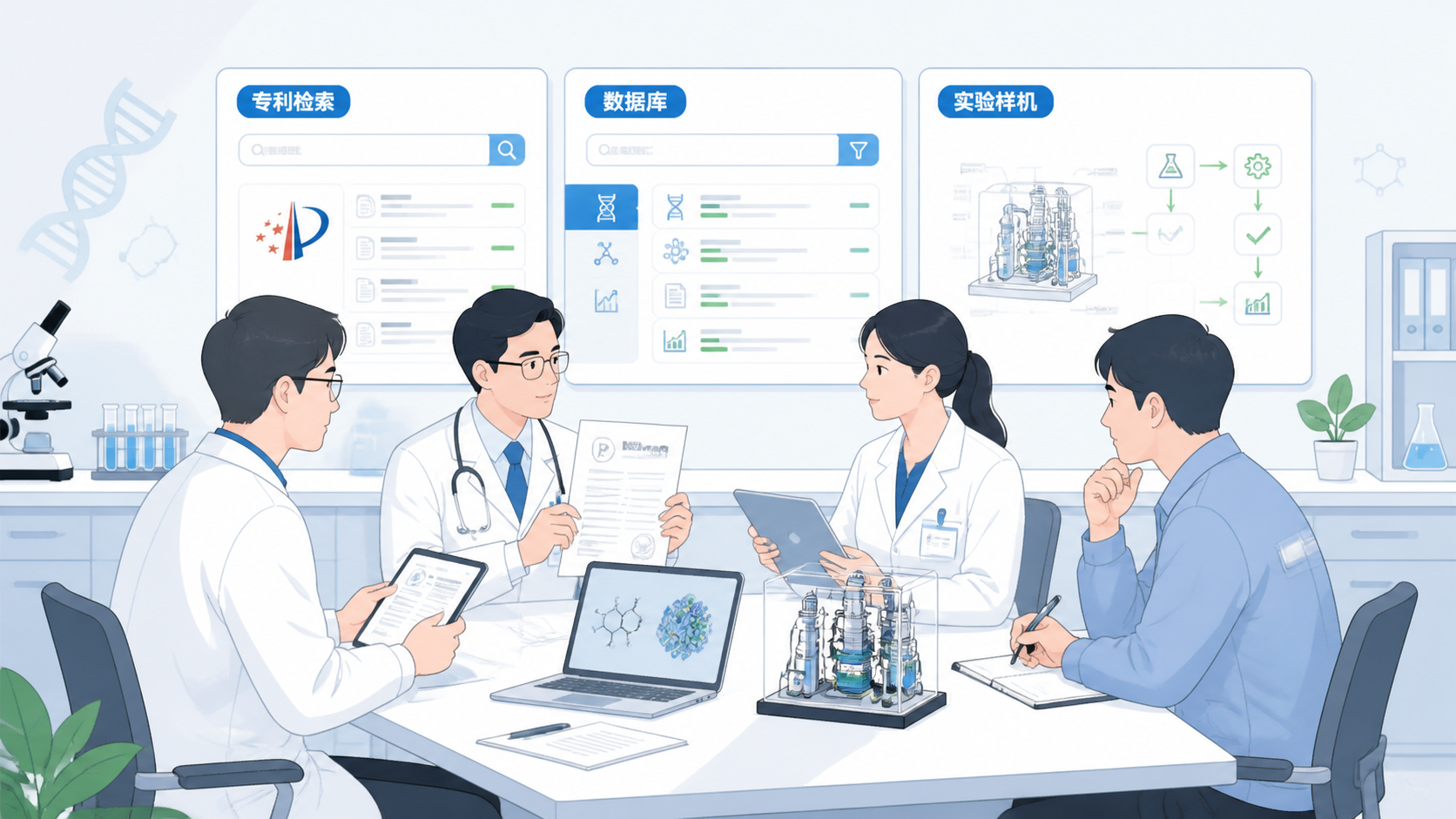 医护科研人员围绕专利文件、数据库检索界面和实验样机进行讨论的专业场景图。
