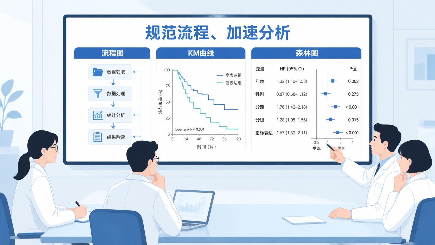 科研团队在会议室查看ICGC分析结果图表，屏幕上展示流程图、KM曲线和森林图，突出“规范流程、加速产出”的科研场景。