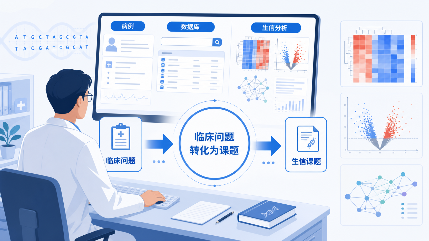 一位临床医生在电脑前同时查看病例、数据库和生信分析图表，突出“临床问题转化为生信课题”的场景