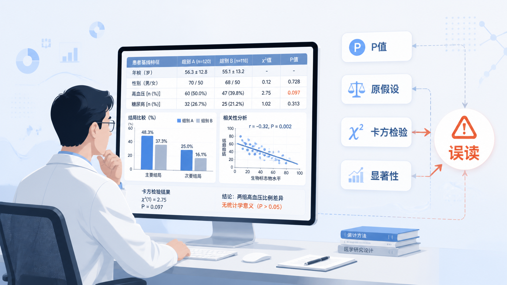 一位研究者在电脑前查看医学统计表格,旁边有P值、原假设、卡方检验等元素,体现“统计结果被误读”的场景