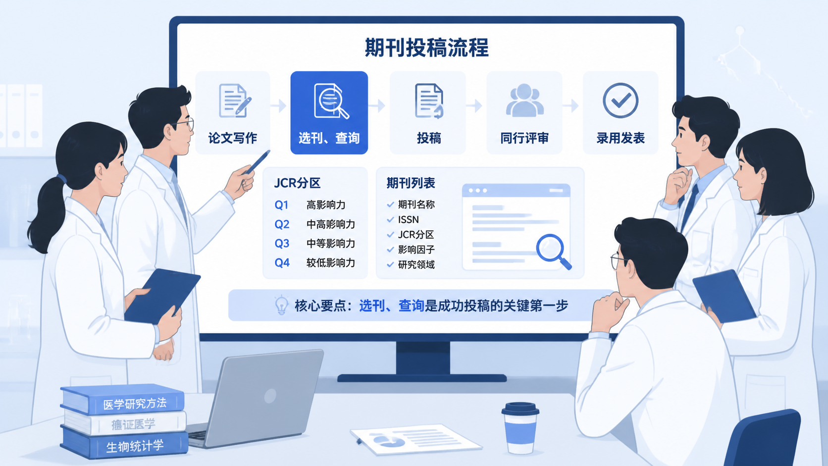 科研团队围绕电脑屏幕讨论投稿方案，屏幕显示JCR分区、期刊列表和论文写作流程，突出“选刊、查询、投稿”一体化场景。