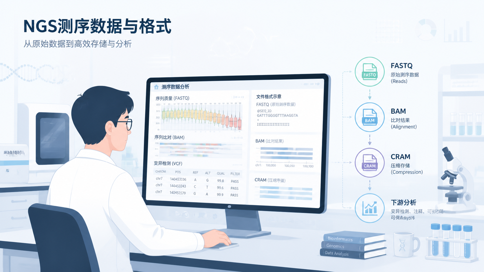 实验室中，科研人员在电脑前查看NGS测序文件，旁边显示FASTQ、BAM、CRAM等数据格式示意图，突出数据量大与压缩需求。